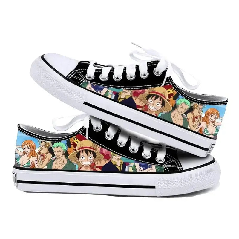 Trendy One Piece Canvas Shoes featuring Riman printed anime art, designed as breathable low-top flat sneakers for boys, girls, and couples.