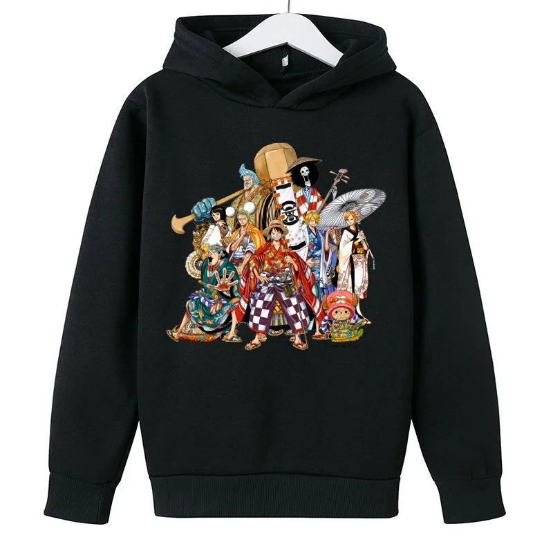 A trendy One Piece Kids Hoodie featuring cartoon graphic prints of Luffy and Zoro, designed as a casual spring and autumn pullover for children.