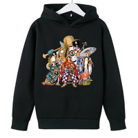 A trendy One Piece Kids Hoodie featuring cartoon graphic prints of Luffy and Zoro, designed as a casual spring and autumn pullover for children.