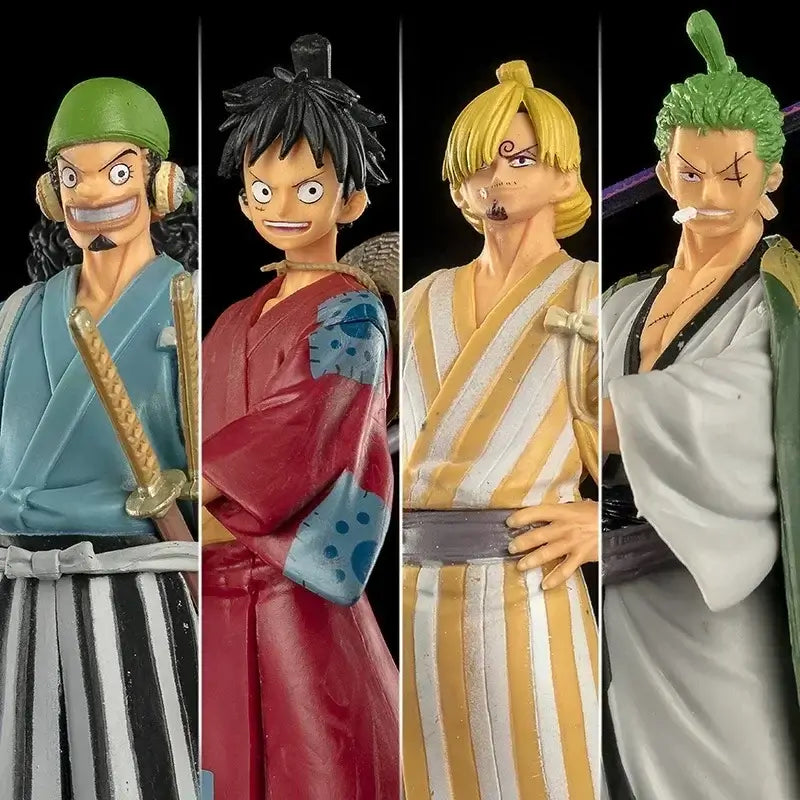 A colorful One Piece Mystery Box packaging containing a random anime action figure surprise, featuring silhouettes of Luffy and Zoro.