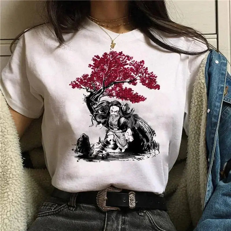 A Demon Slayer T Shirt for Women, a female Kimetsu No Yaiba graphic tee with a Nezuko and Tanjirou Kamado print.