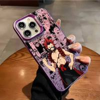 A shockproof Eijiro Kirishima Phone Case featuring a multicolor aurora laser finish and Red Riot anime art, compatible with Apple iPhone 16, 15, and 14 Pro Max.