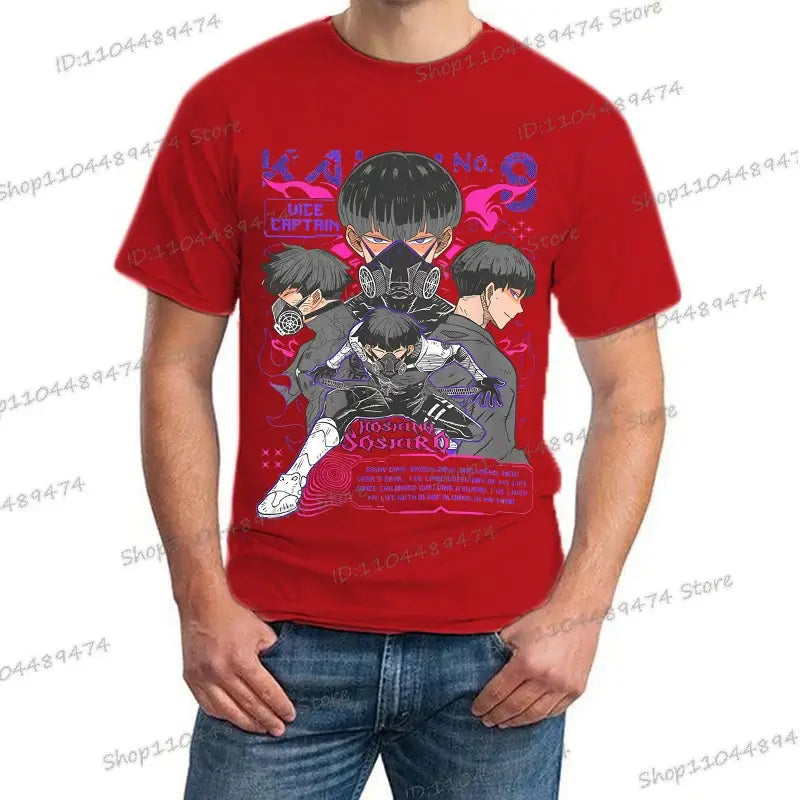 A trendy Y2K Anime Kaiju No 8 T-shirt with a creative Soshiro Hoshina print for men and women.