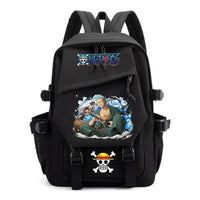 A lightweight canvas One Piece Backpack featuring kawaii anime characters, suitable for school, travel, and carrying a laptop computer.