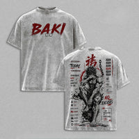 Baki Anime Vintage Washed Oversized T-Shirt showcasing graffiti-style front and back designs on soft cotton fabric.