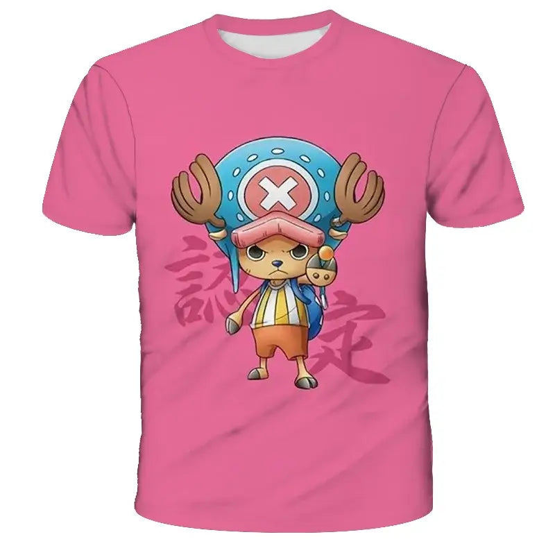 A 3D printed One Piece Luffy T-Shirt featuring a dynamic cartoon cosplay graphic of Monkey D. Luffy for boys' summer fashion.