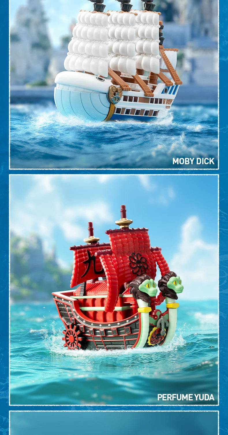 A Pop Mart One Piece Vehicles blind box packaging containing a surprise Grand Line Series ship figure for home decoration.