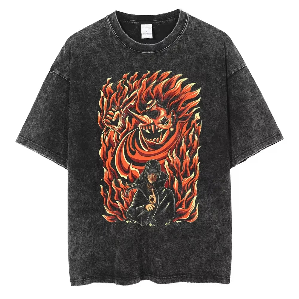 A washed black Naruto Vintage T-Shirt featuring a hip hop style anime print, designed as Harajuku streetwear for men and women.