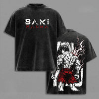 Baki Anime Vintage Washed Oversized T-Shirt featuring character print and logo on a cotton tee.