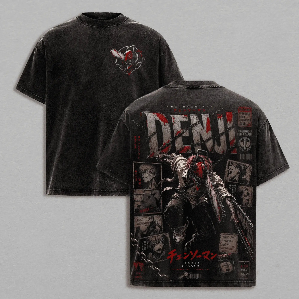 Denji Chainsaw Man Dark Manga Washed T-Shirt showcasing front and back design with Harajuku style.