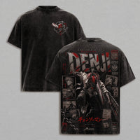 Denji Chainsaw Man Dark Manga Washed T-Shirt showcasing front and back design with Harajuku style.
