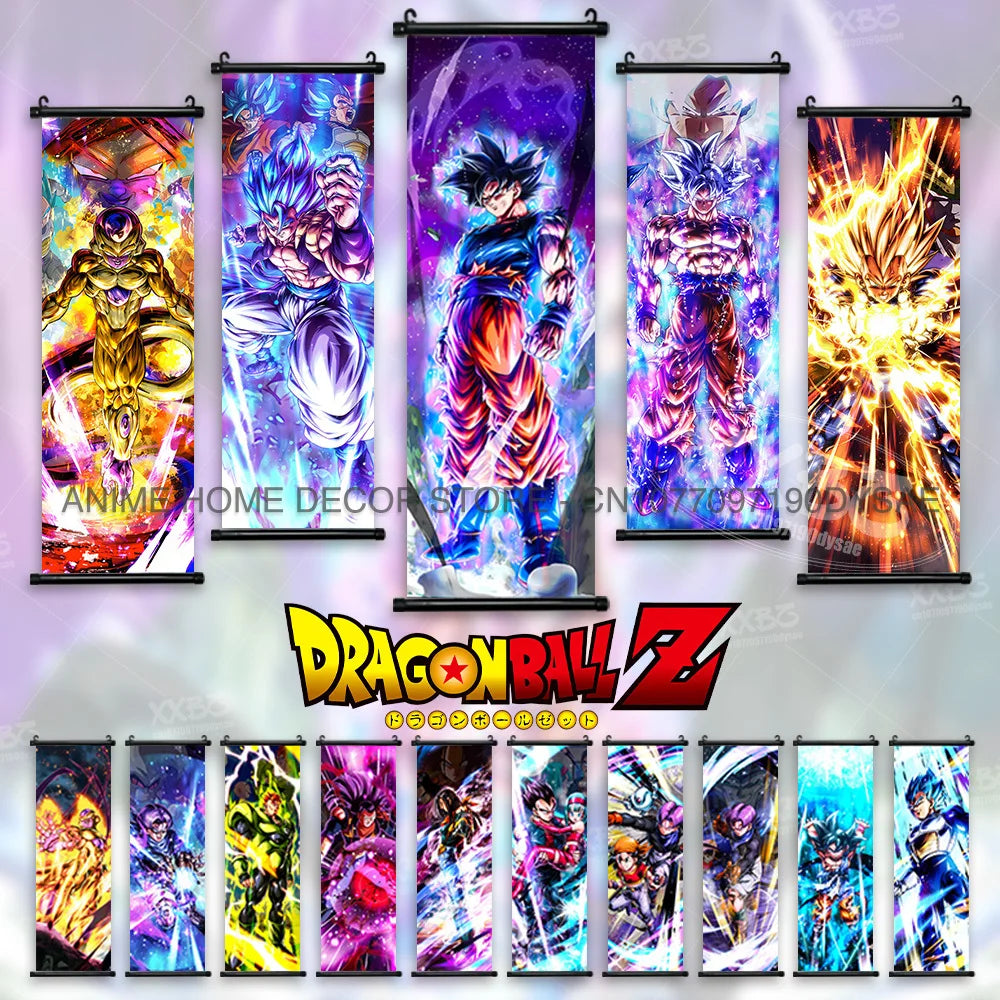 High-quality Dragon Ball Posters wall art scroll featuring Anime figures Goku, Vegeta, and Frieza for home decoration.