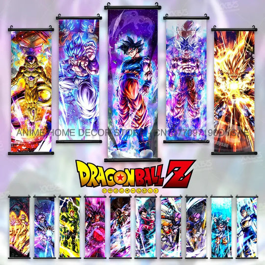 High-definition Dragon Ball Posters hanging scroll wall art featuring Son Goku, Vegeta, and Frieza printed on canvas for home decor.