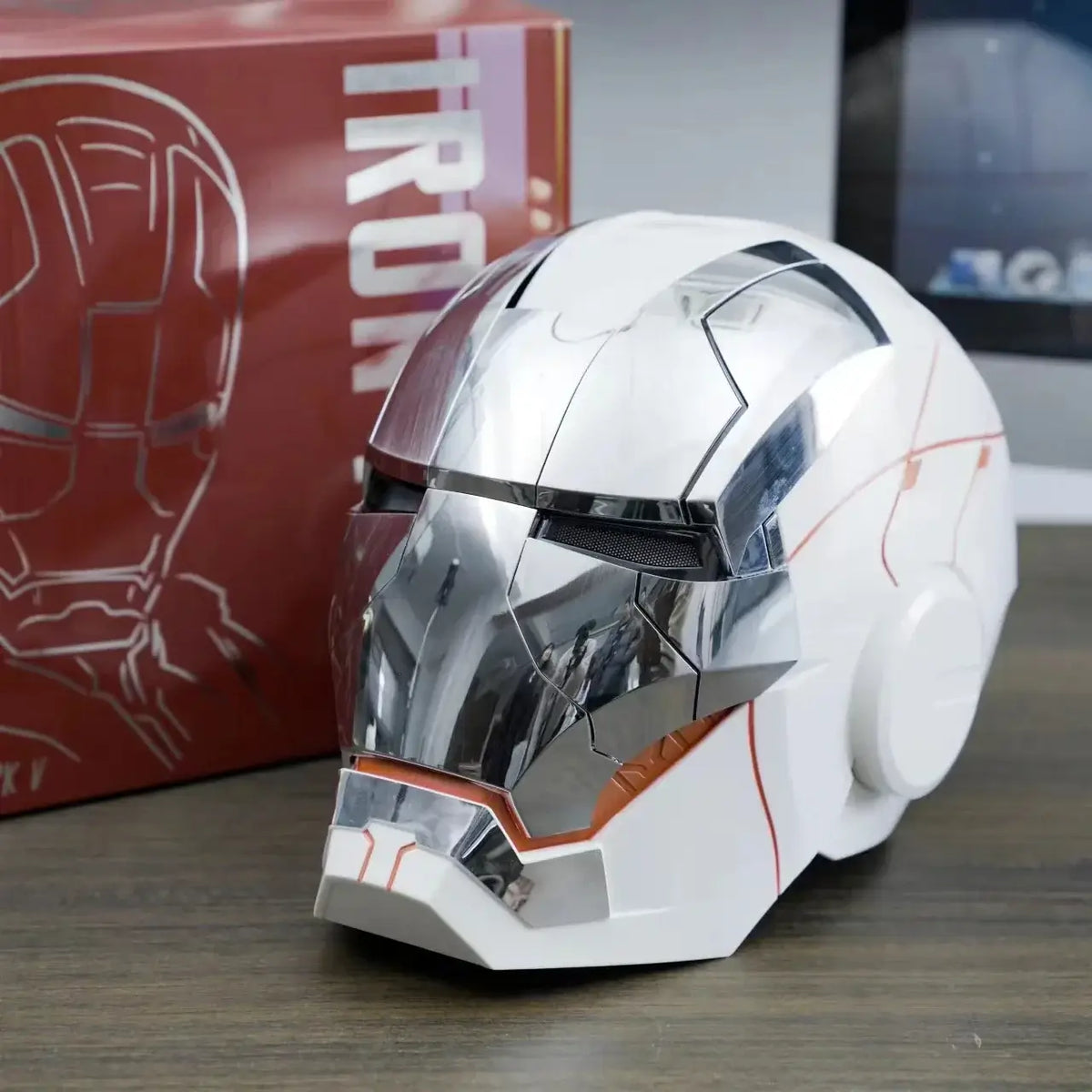 A wearable AutoKing Iron Man Helmet (Mk5) featuring voice-controlled opening face plates and glowing LED eyes for adult cosplay and display.