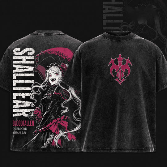 Shalltear Overlord Vintage Y2K Washed Oversized T-Shirt featuring unique dark fantasy design and vibrant graphic details.