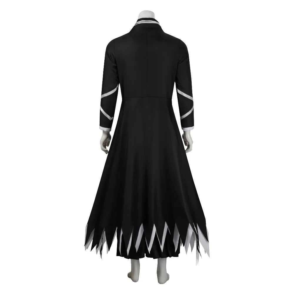 Kurosaki Ichigo Cosplay Costume complete display featuring overcoat, inner vest, pants, and white waist belt.
