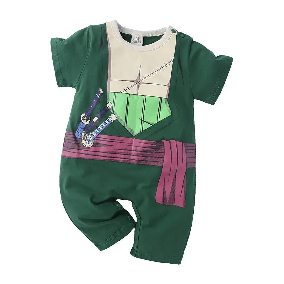 A newborn infant wearing the Baby Anime Costume, a cosplay jumpsuit available in Luffy, Akatsuki, and Vegeta styles.