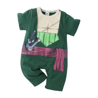 A newborn infant wearing the Baby Anime Costume, a cosplay jumpsuit available in Luffy, Akatsuki, and Vegeta styles.