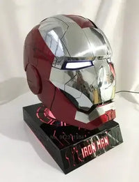 A wearable AutoKing Iron Man Helmet (Mk5) featuring voice-controlled opening face plates and glowing LED eyes for adult cosplay and display.