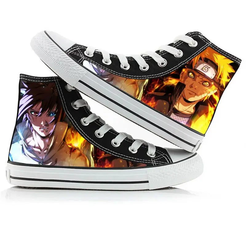 Trendy high-top Naruto Canvas Shoes featuring cool graffiti personality prints of Sasuke Uchiha, Itachi, and Kakashi for men and women.