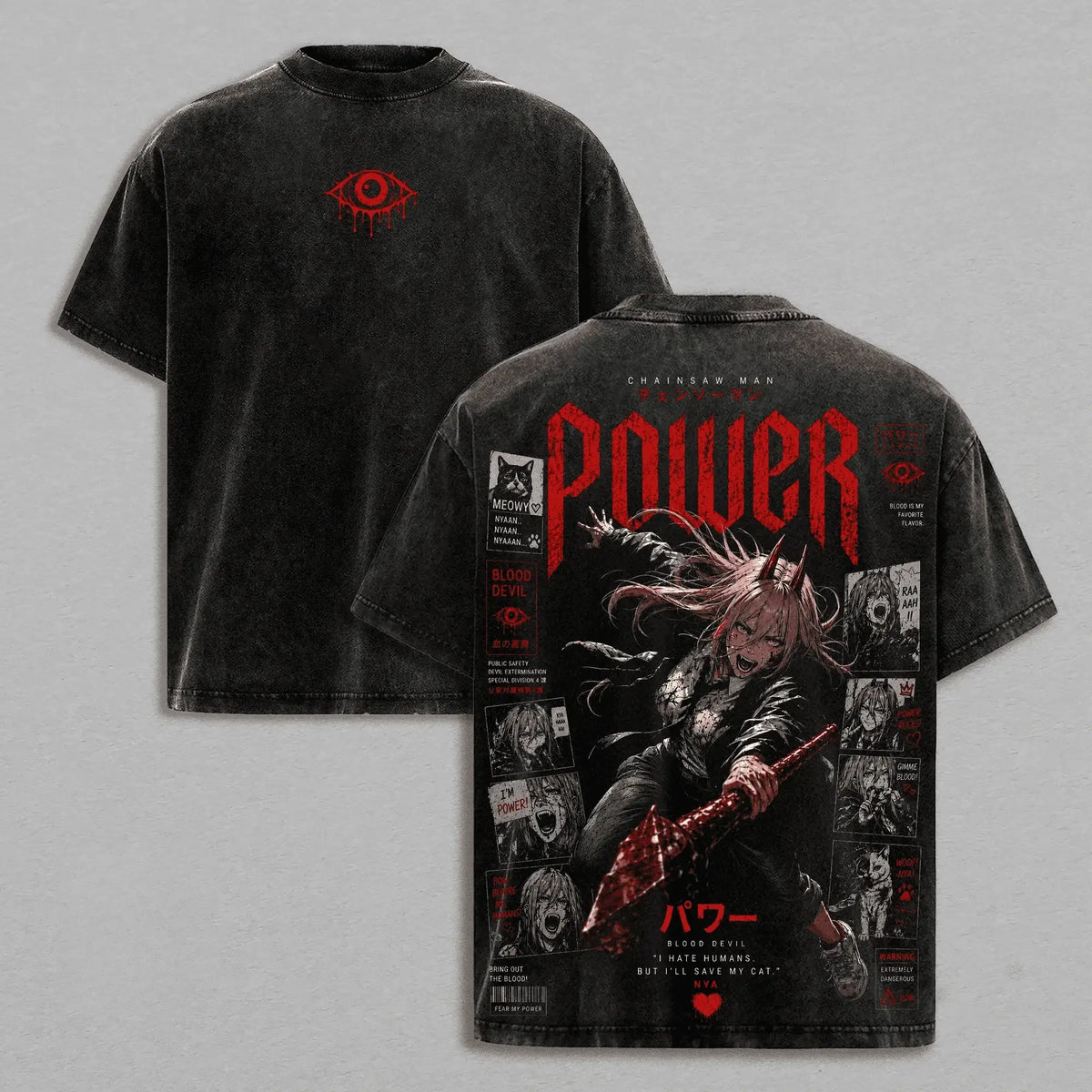 Power Chainsaw Man Gothic Washed T-Shirt featuring a striking graphic design and soft cotton fabric, ideal for streetwear enthusiasts.