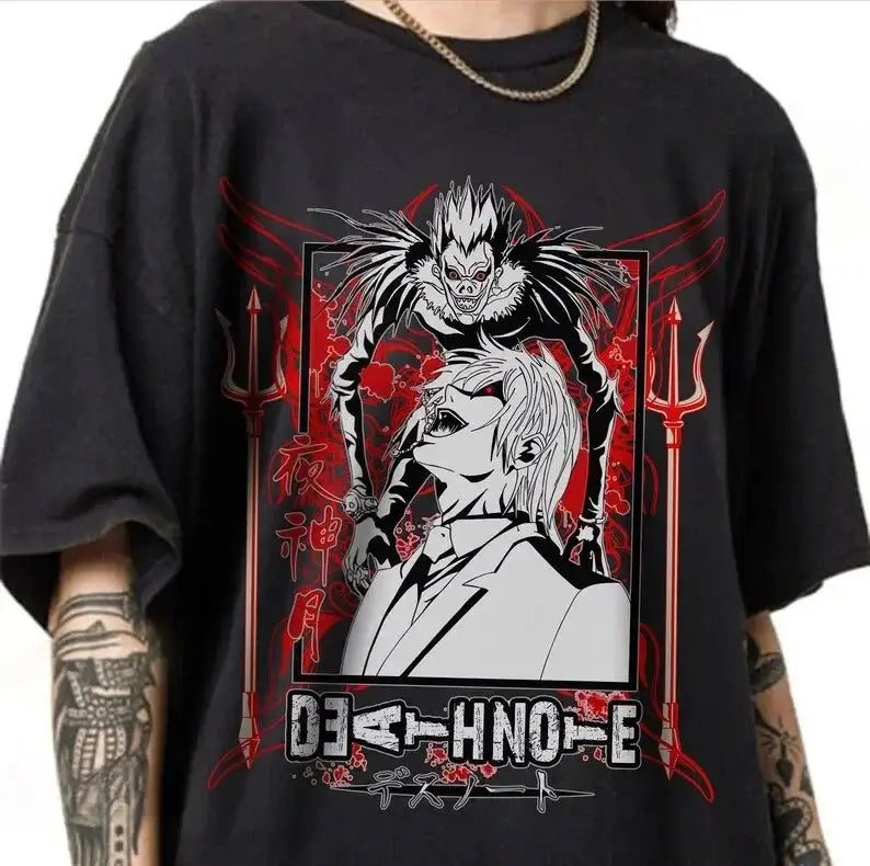 A trendy Death Note T-shirt featuring high-definition anime graphic art of Light Yagami and Ryuk, designed as a unisex Japanese manga top.