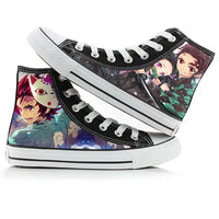 A pair of kawaii Anime Demon Slayer Canvas Shoes in a hand-painted high-top sneaker style for boys and girls.