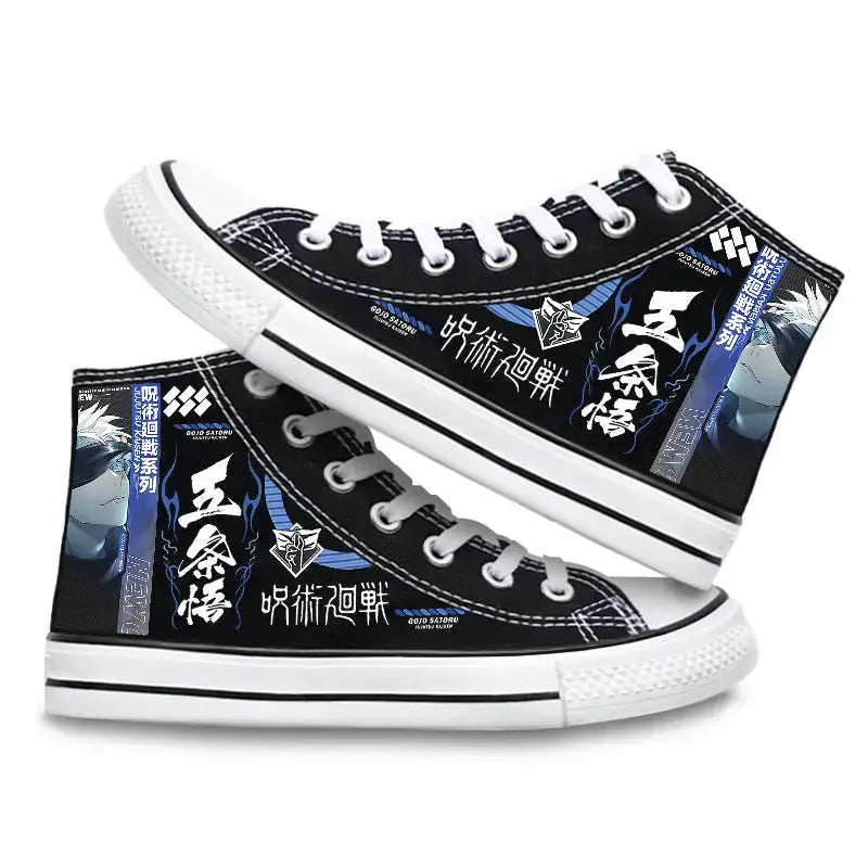Pair of Jujutsu Kaisen Canvas Shoes featuring Gojo Satoru and Fushiguro Megumi creative cartoon patterns, designed as fashion high-top sneakers.