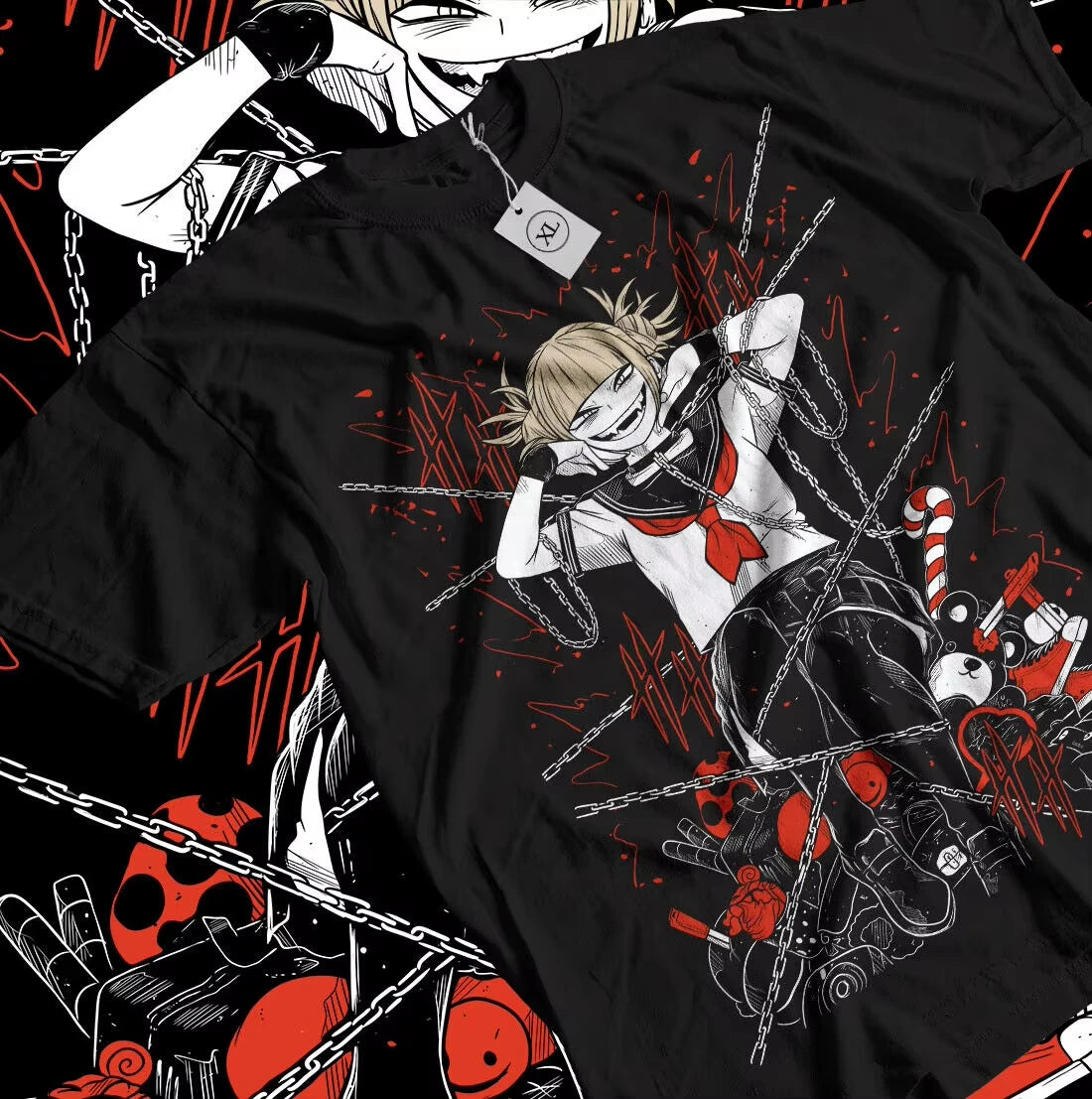 A funny Himiko Toga T-Shirt featuring a kawaii graphic of the villain expressing love for Izuku Midoriya, designed as a girl's anime gift.