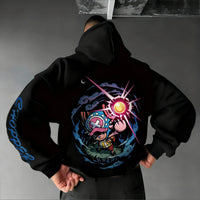 A loose-fit Tony Tony Chopper Hoodie featuring a cute anime graphic print, designed as American street hip hop wear for men and children.