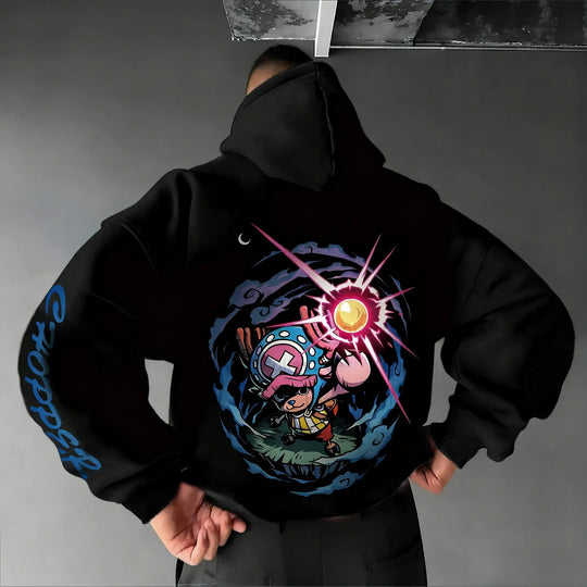 A loose-fit Tony Tony Chopper Hoodie featuring a cute anime graphic print, designed as American street hip hop wear for men and children.