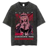 A vintage-washed black Chainsaw Man T-Shirt made of soft cotton, featuring a Denji graphic print, designed as oversized Harajuku streetwear.A vintage-washed black Chainsaw Man T-Shirt made of soft cotton, featuring a Denji graphic print, designed as oversized Harajuku streetwear.
