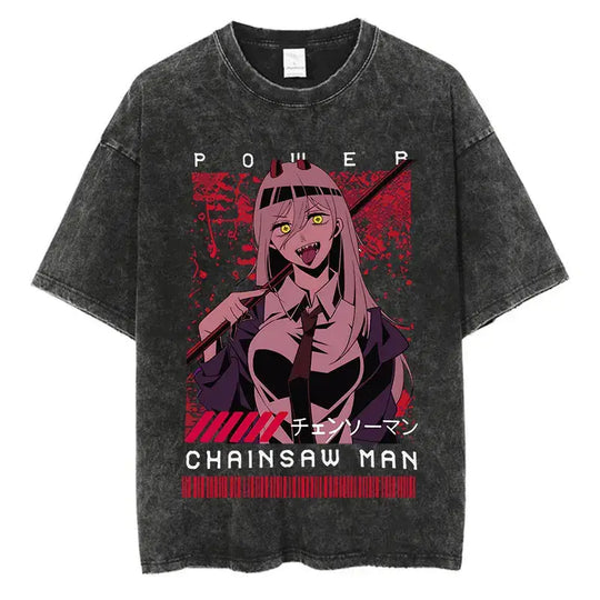 A vintage-washed black Chainsaw Man T-Shirt made of soft cotton, featuring a Denji graphic print, designed as oversized Harajuku streetwear.A vintage-washed black Chainsaw Man T-Shirt made of soft cotton, featuring a Denji graphic print, designed as oversized Harajuku streetwear.