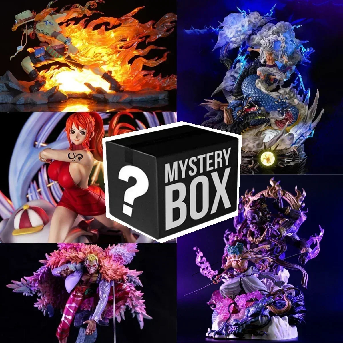 A One Piece Mystery Box containing a random collectible action figure ranging from 10cm to 30cm, featuring Luffy Gear 5 and Yonko silhouettes.