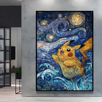 A stunning Van Gogh Pokemon Wall Art piece featuring Pikachu painted in a Starry Night impressionist style for unique home decoration.