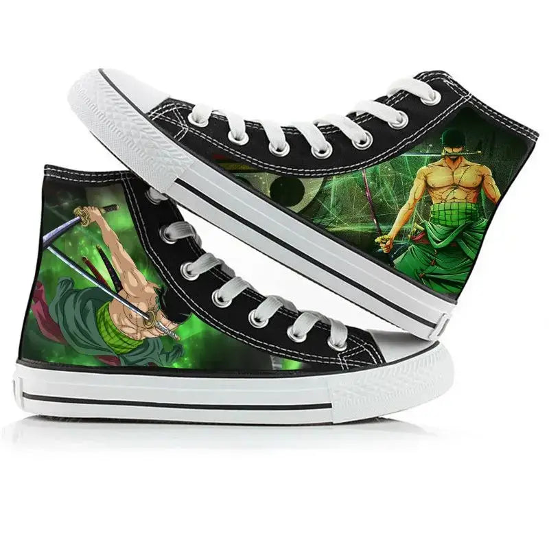 Trendy One Piece High-Top Canvas Shoes featuring creative anime pictures of Luffy, Zoro, Ace, and Chopper for men and women.