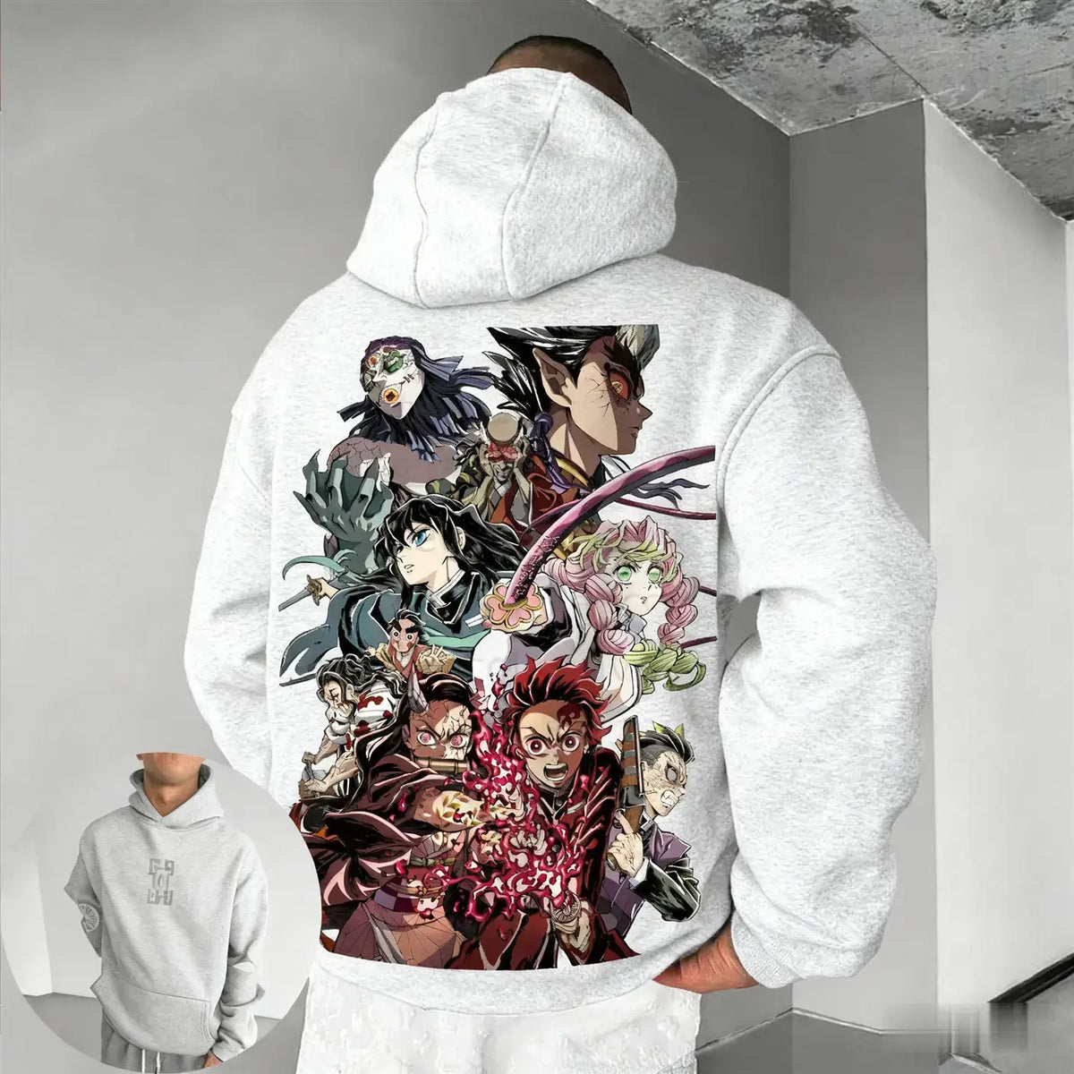 A cozy Muichiro Tokito Hoodie made of fleece, featuring a loose fit Mist Hashira design for men, women, and children.