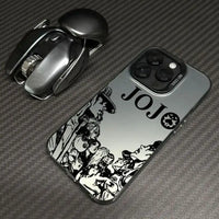 A shockproof JoJo's Bizarre Adventure Phone Case featuring colorful anime art of Jotaro and Dio, compatible with Apple iPhone 16e, 16, 15, and 14 Pro Max.