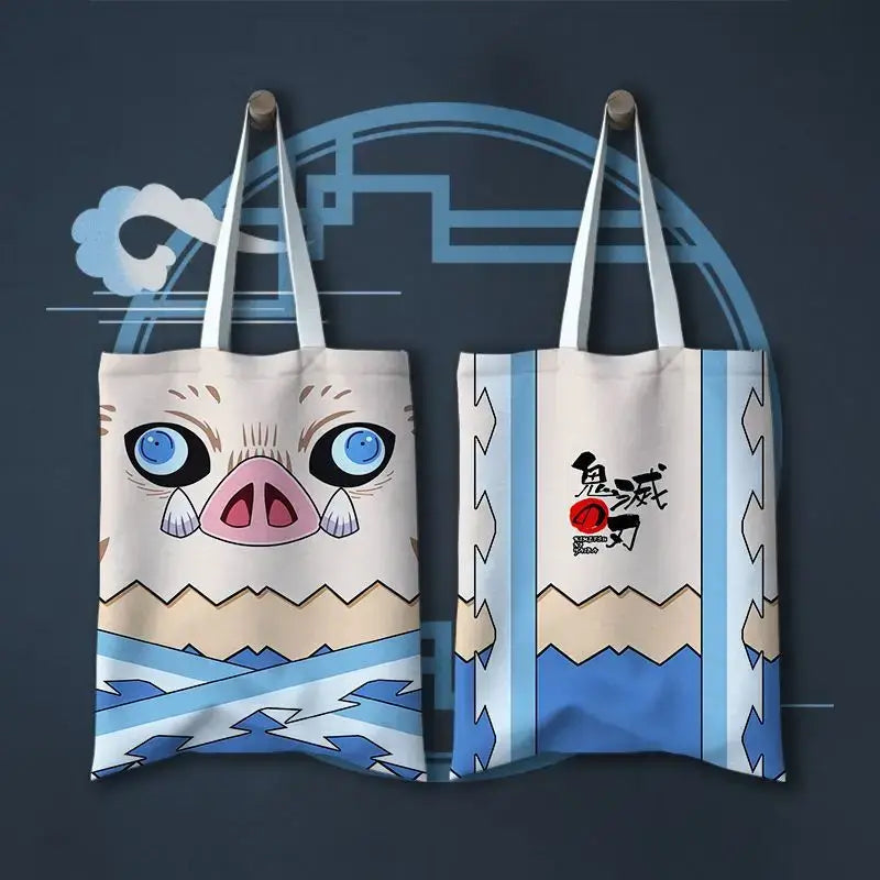 A stylish Shinobu Kocho Canvas Bag featuring a cute cartoon print of the Insect Hashira, designed as a small Japanese style shoulder handbag for women.