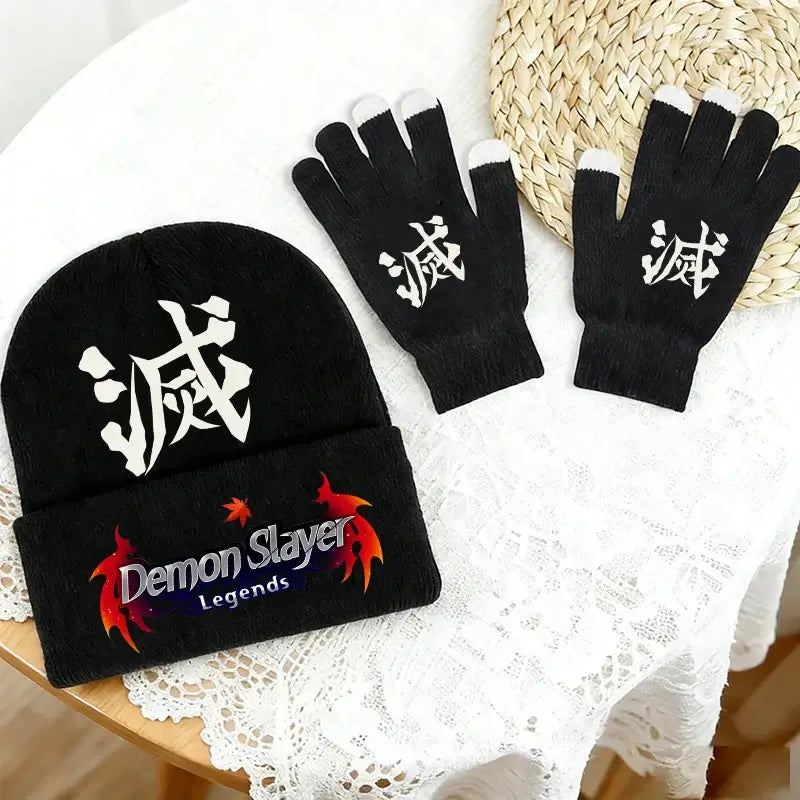 A warm 2pcs Demon Slayer Hat Gloves Set featuring the green Tanjiro Kamado checkered pattern, knitted winter accessories for boys and girls.