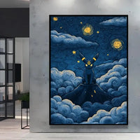 A stunning Van Gogh Pokemon Wall Art piece featuring Pikachu painted in a Starry Night impressionist style for unique home decoration.