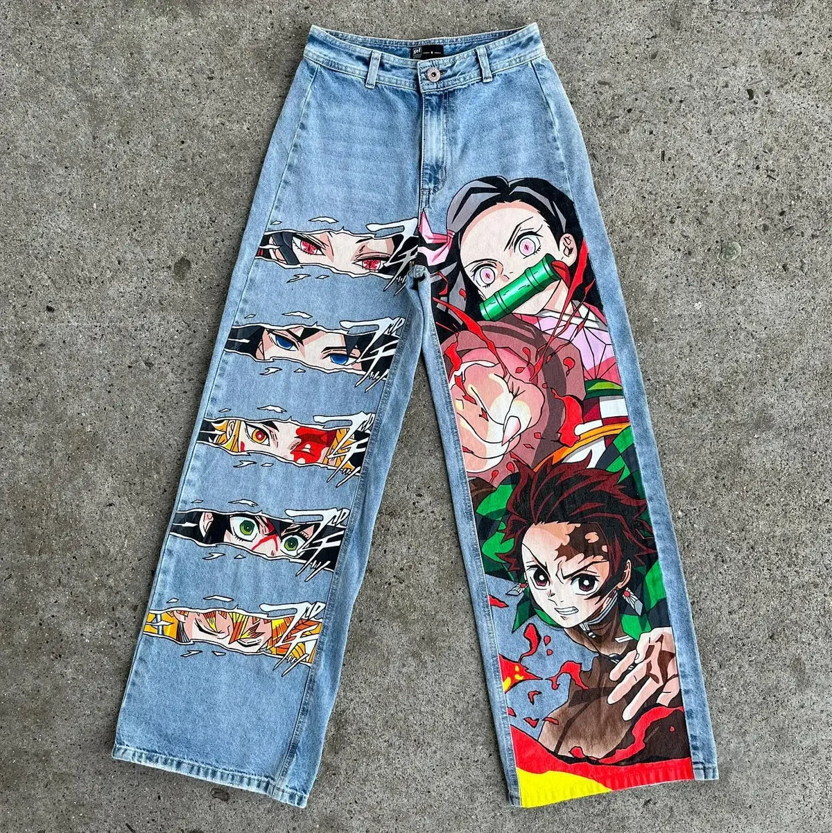 Trendy Y2K Anime Baggy Jeans featuring a Harajuku graphic print pattern, designed as high-waisted vintage streetwear for men and women.