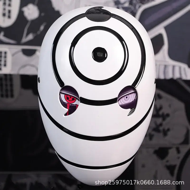 A highly imitative, high-gloss Obito Cosplay Mask featuring the Akatsuki Sharingan design for anime Halloween costumes and conventions.