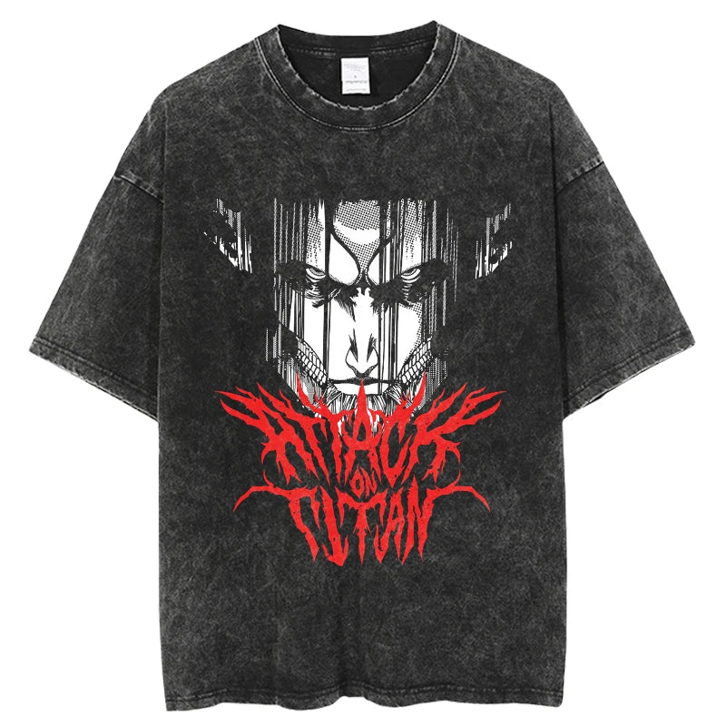 A vintage-washed Eren Jaeger T-Shirt featuring a gritty Attack on Titan manga graphic, styled as oversized Harajuku streetwear for men and women.