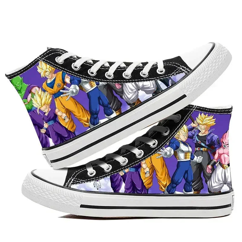A pair of hot Dragon Ball Goku Canvas Shoes, anime fashion sneakers with a graffiti design for men, women, teenagers, and students.