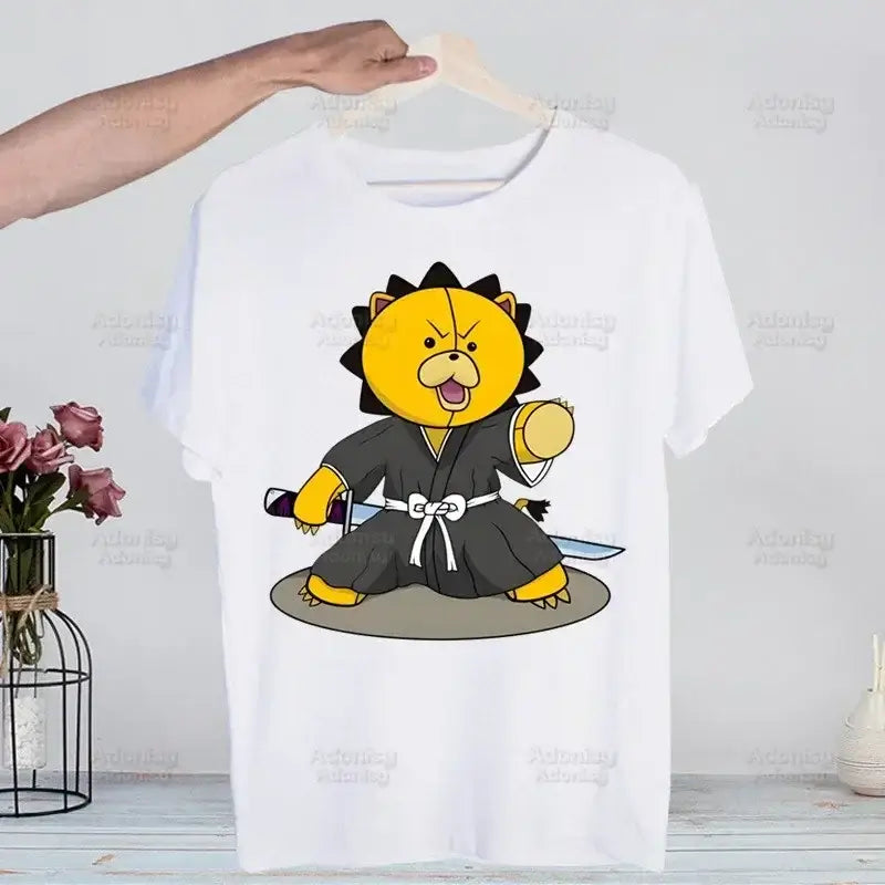 A men's Bleach Kurosaki Ichigo T-shirt in a funny Harajuku hip hop streetwear style for summer.