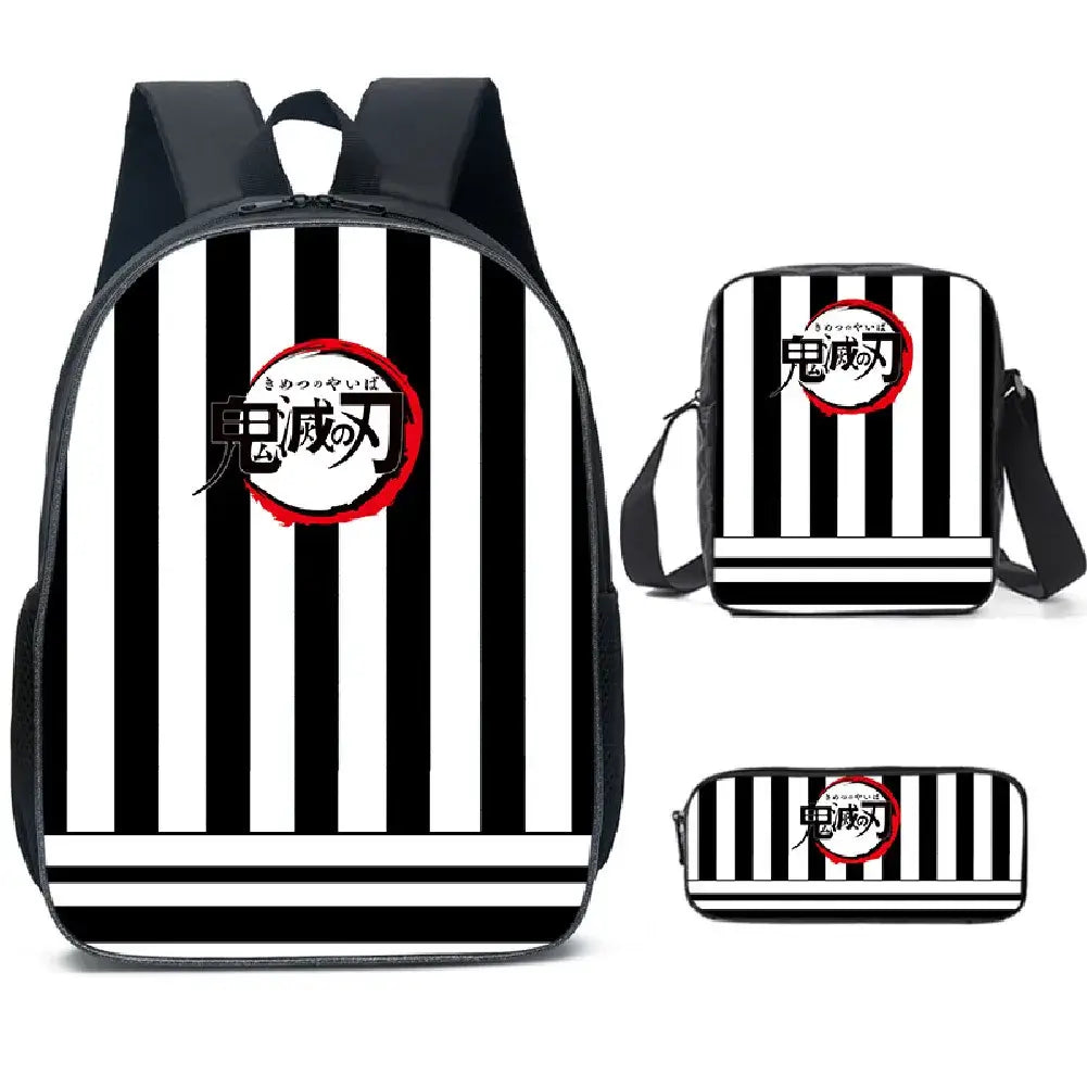 A pink Demon Slayer Backpack 3-piece set featuring Kamado Nezuko anime art, including a schoolbag, shoulder bag, and pencil case for students.