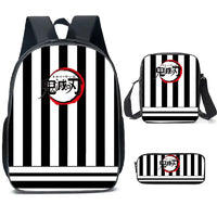 A pink Demon Slayer Backpack 3-piece set featuring Kamado Nezuko anime art, including a schoolbag, shoulder bag, and pencil case for students.