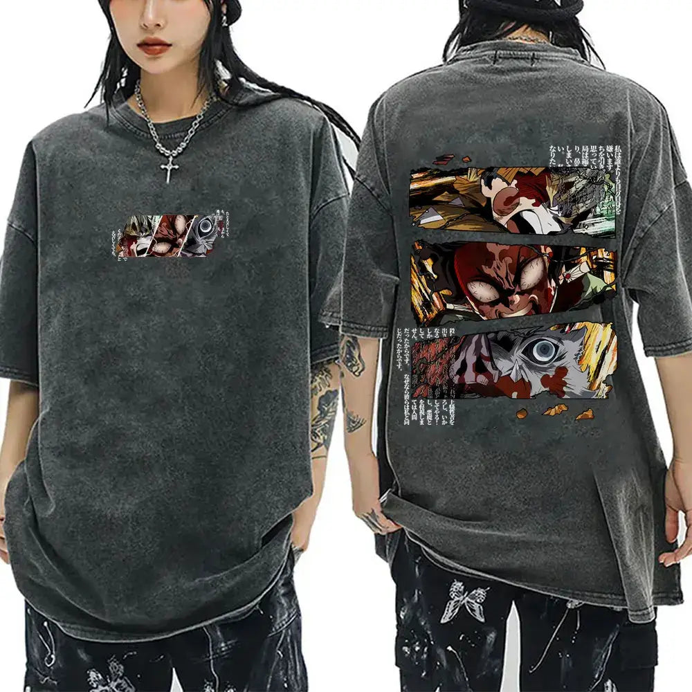 A washed black Demon Slayer Vintage T-Shirt made of 100% cotton, featuring an oversized cartoon anime graphic for men and women.