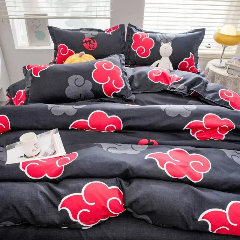 A creative Naruto Akatsuki Bedding four-piece set featuring cute 2D cartoon anime characters on a duvet cover and bed sheets.